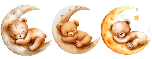 Watercolor bear sleeps on the moon, children's watercolor illustration
