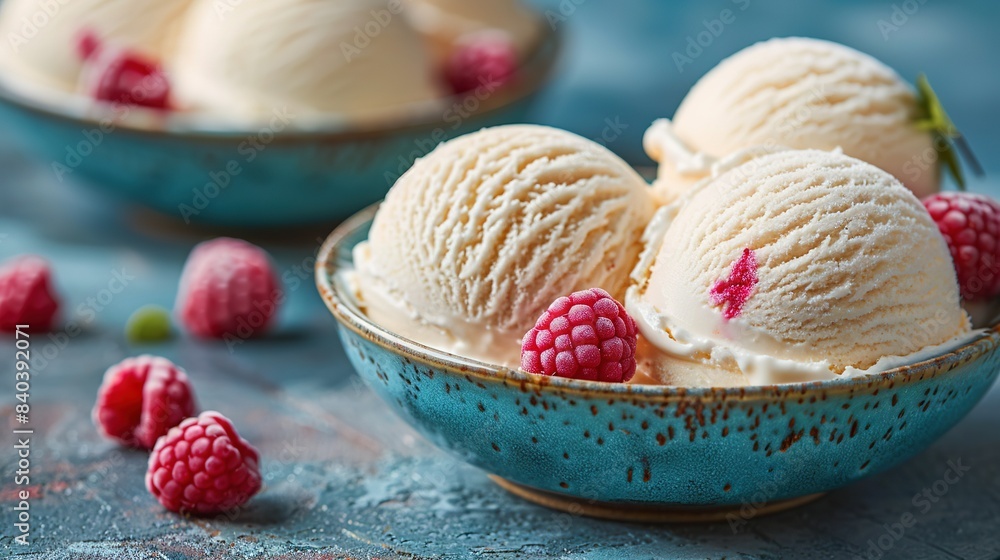 Poster three scoops of ice cream with raspberries in a blue bowl on a table with additional raspberries