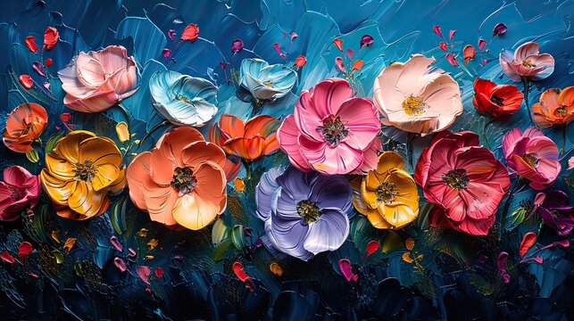 a modern painting of colorful wild flowers on canvas abstract close up paint impasto impressionism modern oil paintings fragments of flower palette knife macro.stock photo