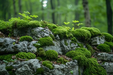 Moss-covered rocks in a serene woodland, showcasing natural textures. 