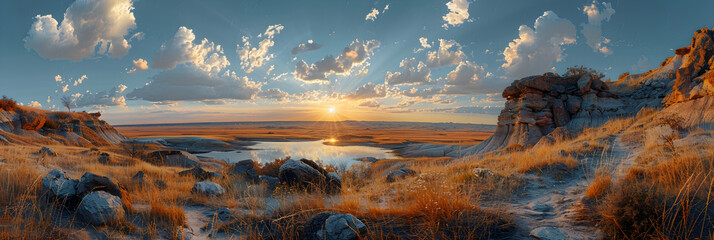 A panoramic view of a nature badlands, the steep, eroded cliffs creating a dramatic scene