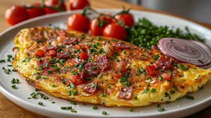 Savory Sunrise Omelette With Tomatoes, Herbs, and Red Onion. Generative AI