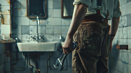 close up plumber with wrench standing in bathroom