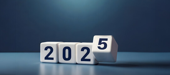 2025 number of with change to new era concepts. Flipping the 2024 to 2025 year calendar numbers on white dice, cube blocks isolated on dark blue banner background, minimalist simple style