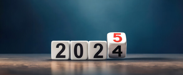2025 number of with change to new era concepts. Flipping the 2024 to 2025 year calendar numbers on white dice, cube blocks isolated on dark blue banner background, minimalist simple style