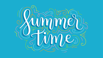 SUMMER TIME vector hand lettering with colorful motifs on blue background