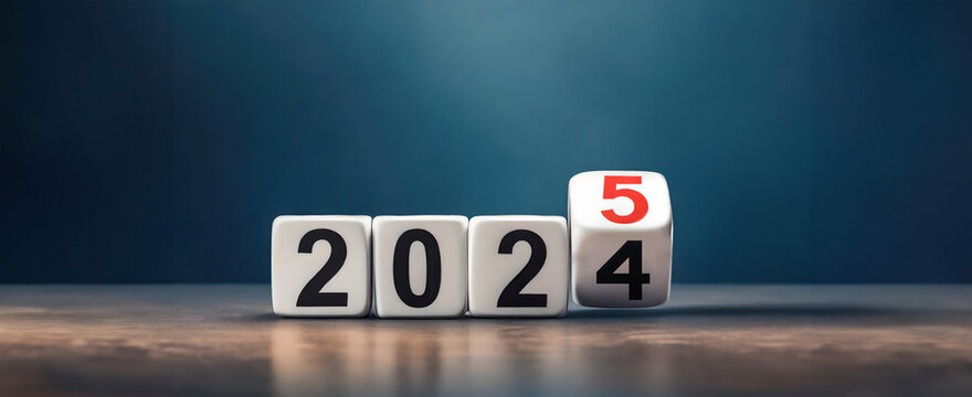 2025 number of with change to new era concepts. Flipping the 2024 to 2025 year calendar numbers on white dice, cube blocks isolated on dark blue banner background, minimalist simple style