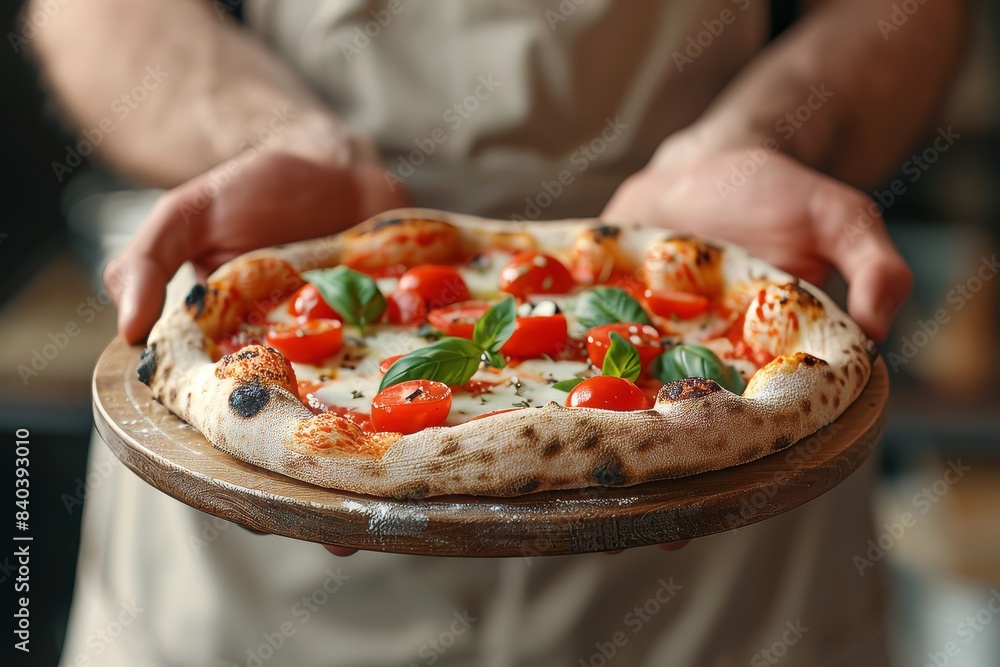 Poster close up of pizza held in hands on blurred background with ample space for text arrangement
