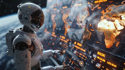 future robots conducting an online business meeting with holograms of global maps.image illustration