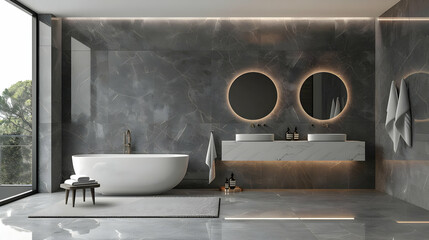 sleek grey marble bathroom with LED lighting, double vanity, and freestanding tub
