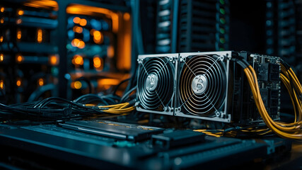 Bitcoin mining machine on a desk