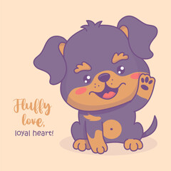 Happy cute dog. Rottweiler smiling puppy. Cartoon kawaii animal with slogan congratulations. Vector illustration