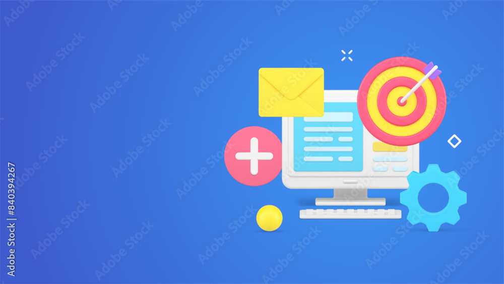 Poster computer desktop with open information file with machine mechanism, target aim, new email envelope