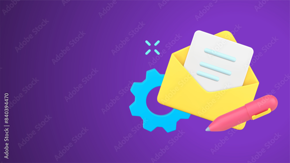 Poster writing new letter sending at open envelope with paper blank simple 3d isometric vector illustration