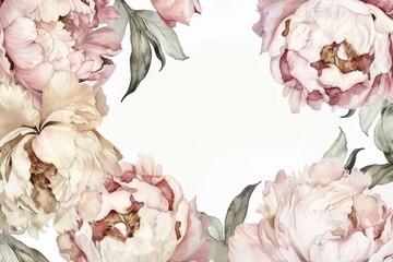 pink peonies flowers frame on white background copy space center