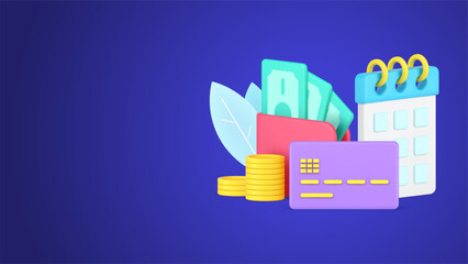 Day of payment with calendar and cash money debit card 3d icon isometric vector illustration