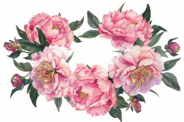 pink peonies wreath flowers frame on white background copy space center