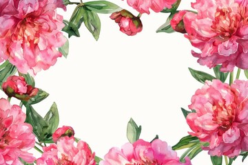 bright pink peonies flowers frame on white background copy space center