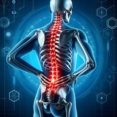 Human skeleton with highlighted spine and lower back pain. Digital medical illustration. Healthcare and medical research concept. Design for poster, banner, print. Back view.