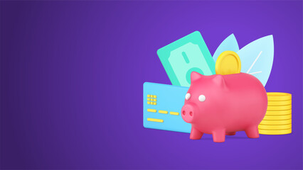 Money savings with golden coins in piggy bank and cash money dollar with credit card 3d icon