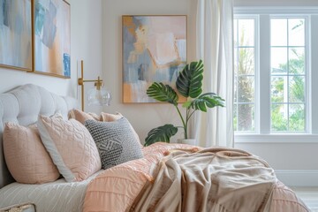 luxury scandinavian bedroom interior with pastel pink peach fuzz bedding with abstract art painting on wall