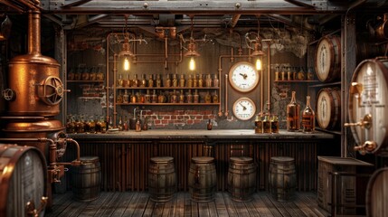 Obraz premium Crafting Artisanal Spirits Rustic Distillery Scene with Blank Business Cards Copper Stills and Oak Barrels