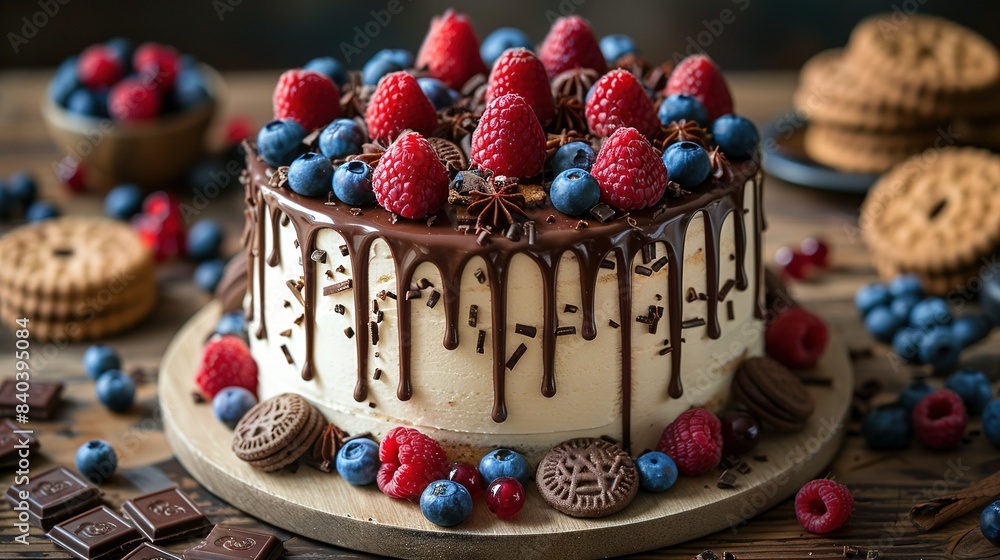 Poster  A cake adorned with chocolate frosting and an array of fresh raspberries and blueberries