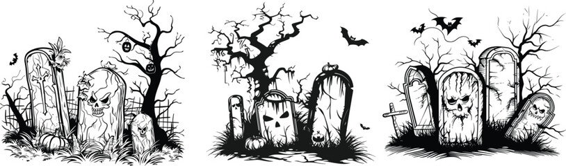 Fototapeta premium Halloween Jack O Lantern Background Silhouette. vector Set. Black and White burial place vector illustration