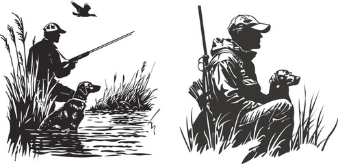 Hunting ducks. man holding a gun. Dog looking out for prey. Vector Illustration