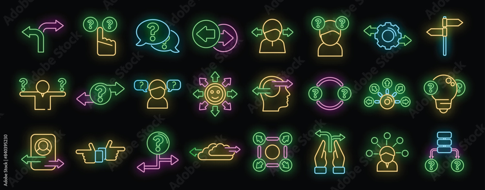 Poster ambiguity icons set outline vector. data analysis. arrow business neon color on black