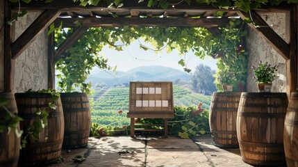 Naklejka premium Vineyard Bliss Blank Business Cards on Oak Barrels in Rustic Tasting Room with Panoramic Grapevine View