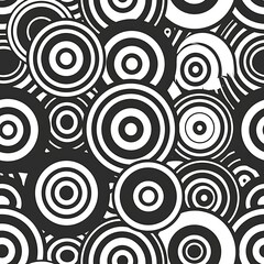 Naklejka premium Abstract black and white image of concentric circles and ellipses, varying in size and density, creating a hypnotic and rhythmic geometric visual effect. Minimal pattern banner wallpaper, simple