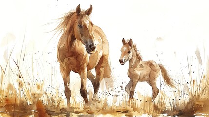 the image shows a sepia watercolor mare and her foal on a white background the illustration is beautifully hand painted.stock photo