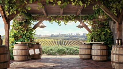 Vineyard Bliss Blank Business Cards on Oak Barrels in Rustic Tasting Room with Panoramic Grapevine View