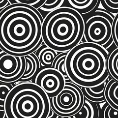 Abstract black and white image of concentric circles and ellipses, varying in size and density, creating a hypnotic and rhythmic geometric visual effect. Minimal pattern banner wallpaper, simple