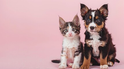 A brown and white kitten and a black and white puppy sit side-by-side, looking directly at the camera, on a pink background.