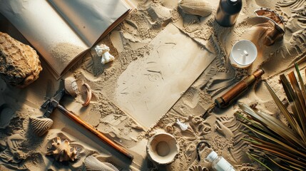 Fototapeta premium Artistic Beach Workspace Sand Sculpting Tools Business Cards and Intricate Sand Art Creation
