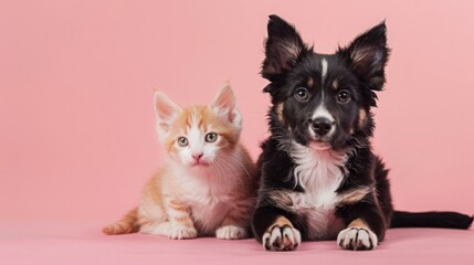 Obraz premium A cute kitten and puppy sit together on a pink background. The kitten is looking at the camera, while the puppy has its tongue sticking out.