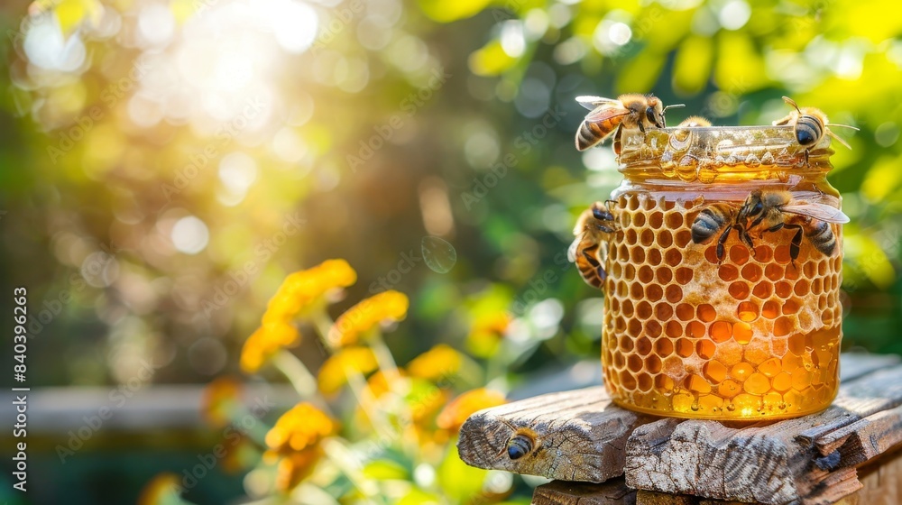 Poster honey jar with bees on white background, blurred with ample copy space for text placement
