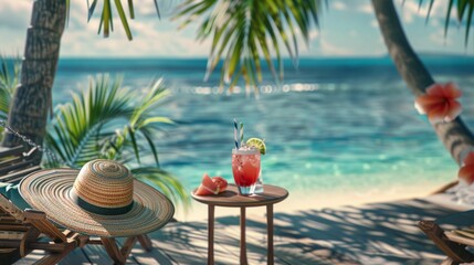 Obraz premium Relaxation in Paradise Seaside Hammock with Sunhat and Tropical Cocktail