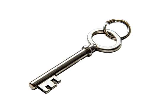 Antique Silver Key with Keyring Isolated on White Background