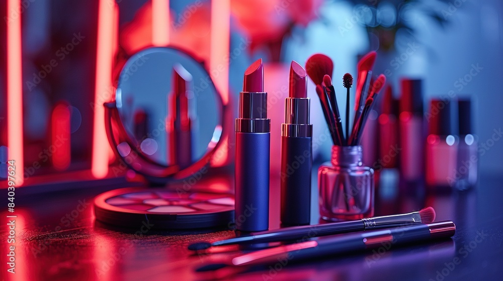 Poster a magnified image of a table featuring a mirror and assorted makeup tools, accompanied by illuminate