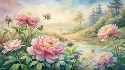 Peony flower watercolor background