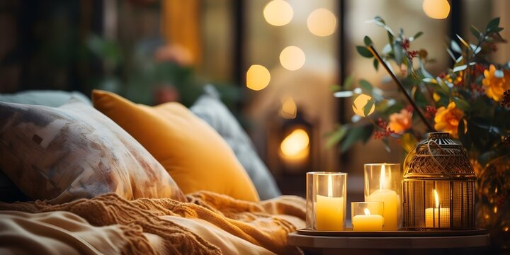 Creating a Cozy Atmosphere with Burning Candles and Creative Decor. Concept Candlelight Photography, Ambient Lighting, Home Decor Inspirations, Cozy Vibes