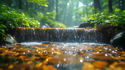 A picturesque nature spring with clear, bubbling water surrounded by lush vegetation, the sunlight creating a warm and inviting atmosphere