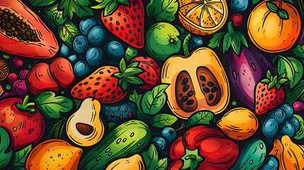 wallpaper or Frame of different exotic fruits on background, Space for text