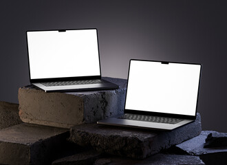 Two modern laptops screen mockup floating on a dark scene in realistic 3D rendering. Notebook display template for UI UX, webs and branding design presentation