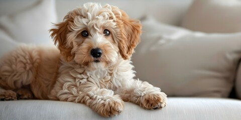 Sad white puppy on white sofa Poodle Maltipoo Goldendoodle closeup pet ad. Concept Sad White Puppy Photoshoot, Pet Photography, White Sofa Setting