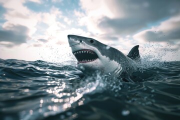 Fototapeta premium A close-up view of a great white shark's mouth open in the ocean, ideal for use in underwater-themed images or educational materials