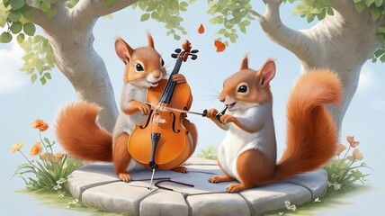 Two squirrels cartoon playing cello in the garden 